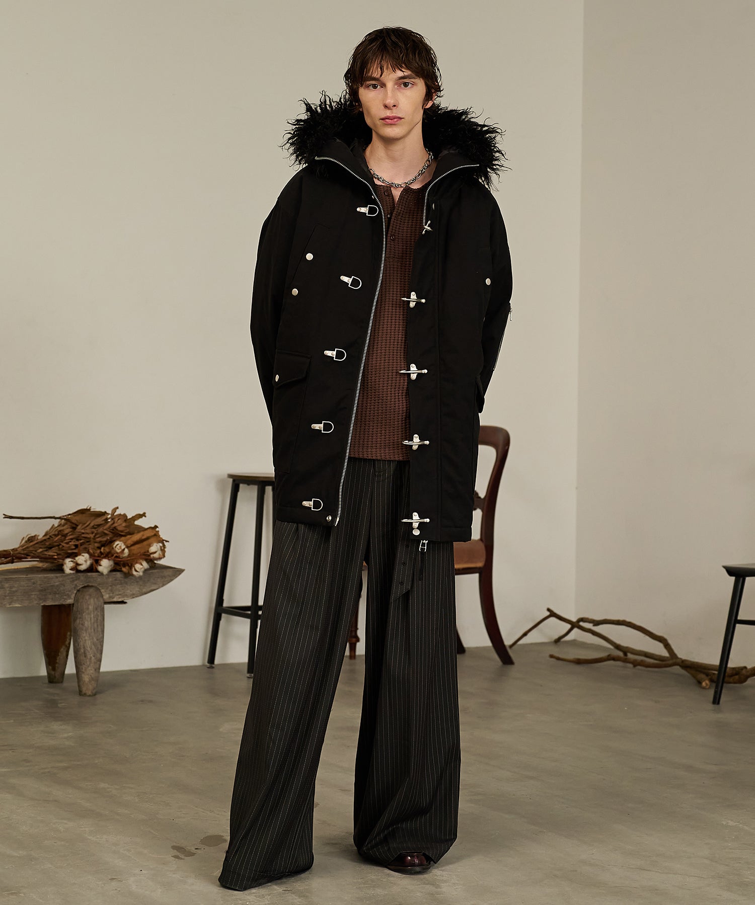 Striped Belted Baggy Slacks （Black）