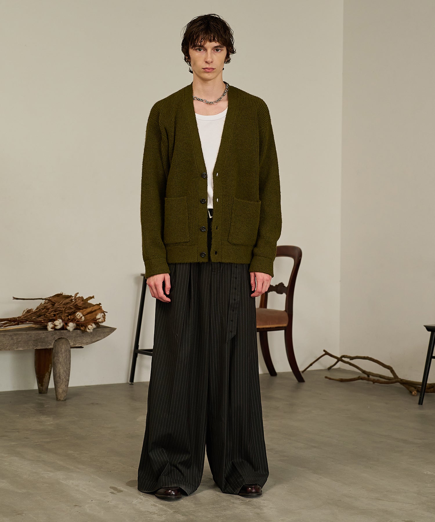 Contrast Elbow Patch Cardigan (Khaki)