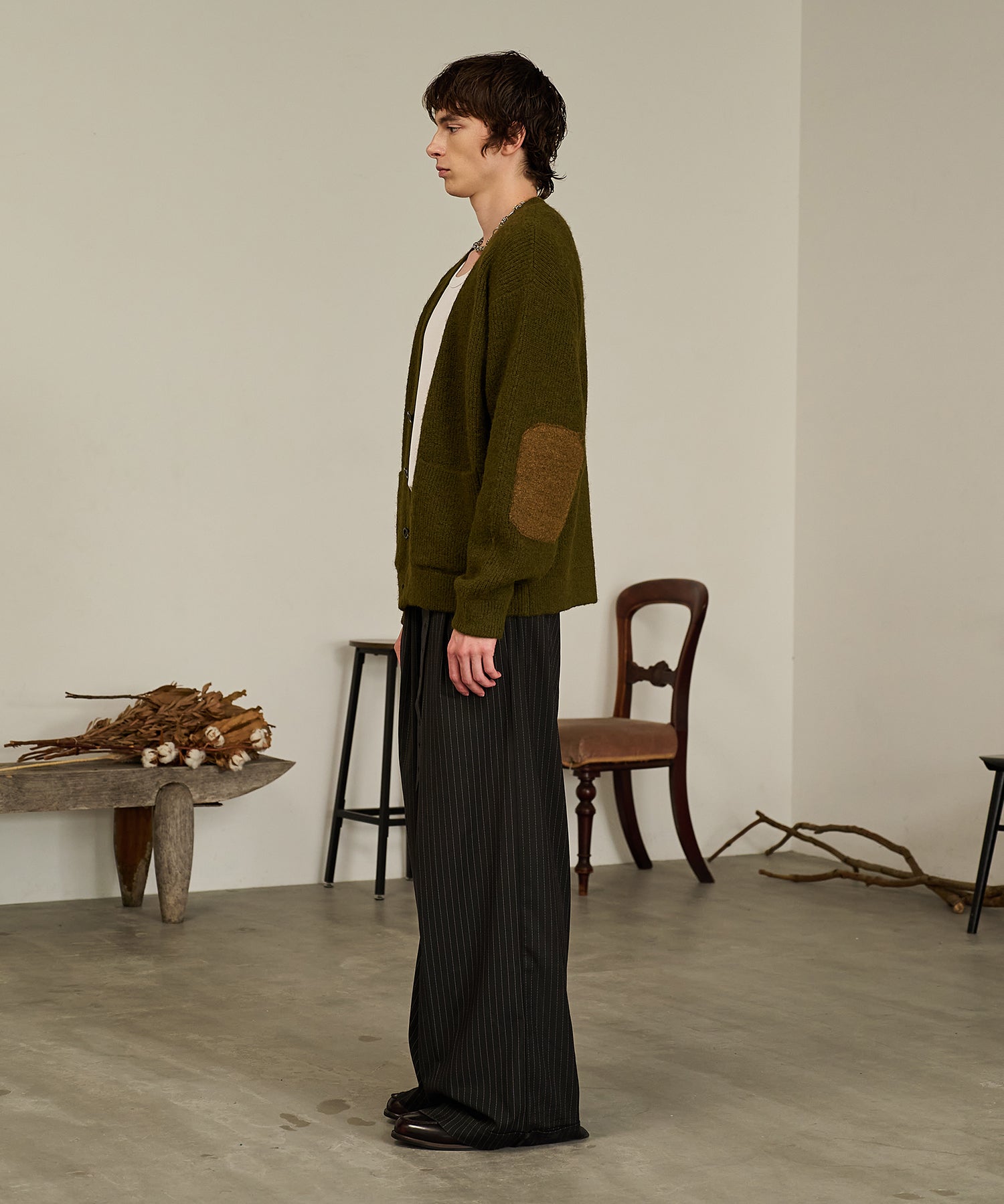 Contrast Elbow Patch Cardigan (Khaki)