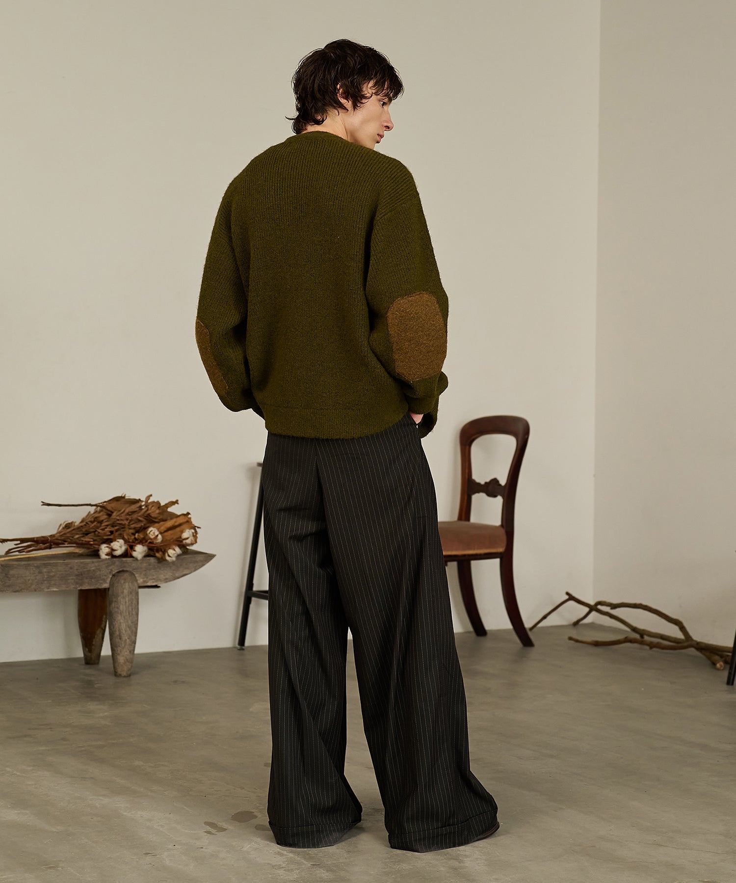 Contrast Elbow Patch Cardigan (Khaki)