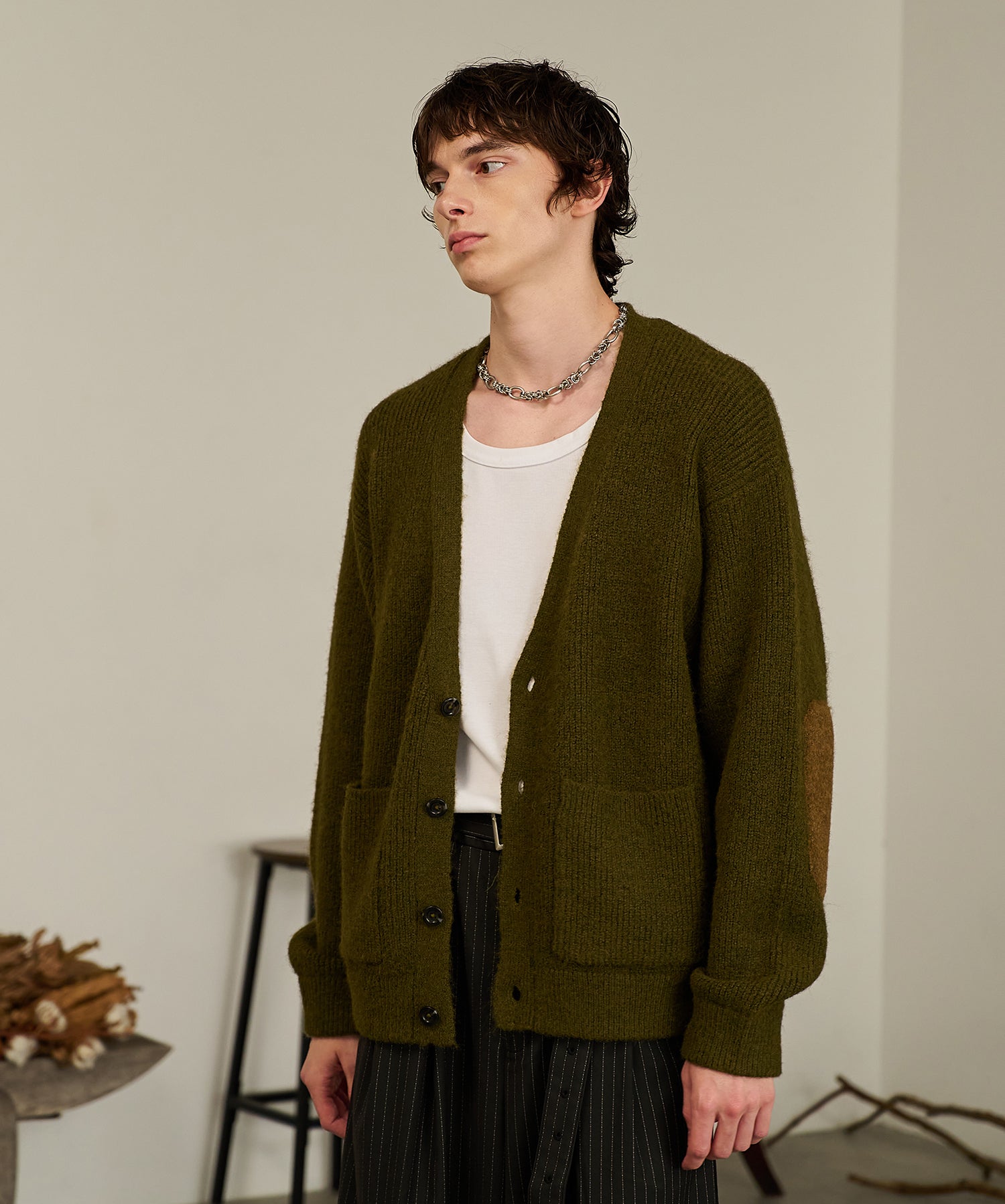 Contrast Elbow Patch Cardigan (Khaki)