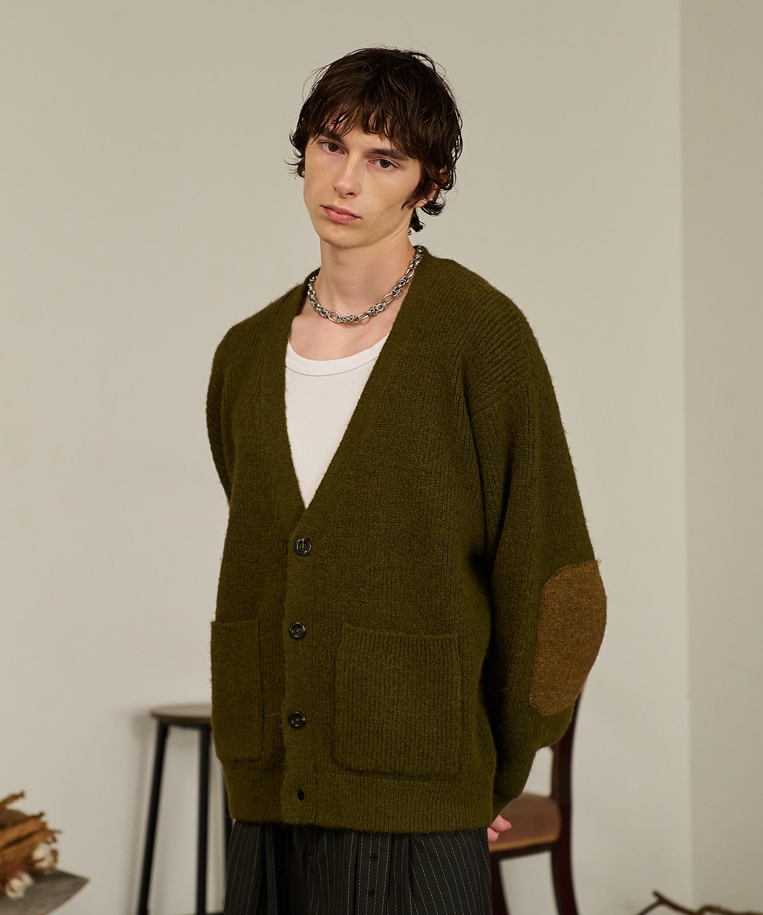 Contrast Elbow Patch Cardigan (Khaki)