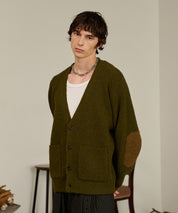 Contrast Elbow Patch Cardigan (Khaki)