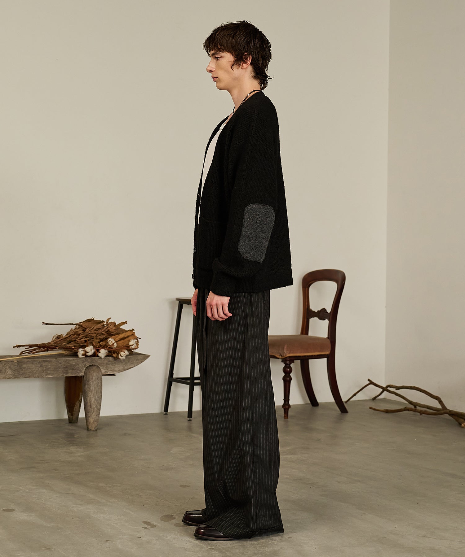 Contrast Elbow Patch Cardigan (Black)