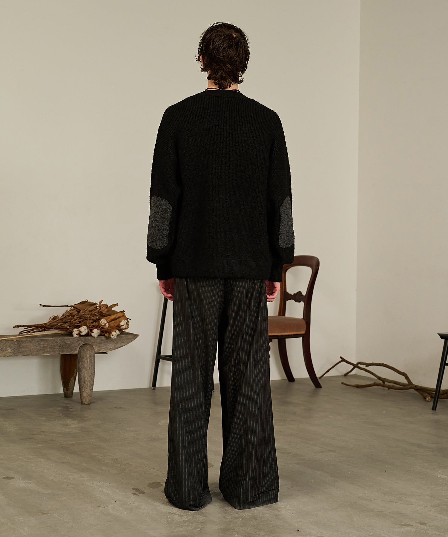 Contrast Elbow Patch Cardigan (Black)