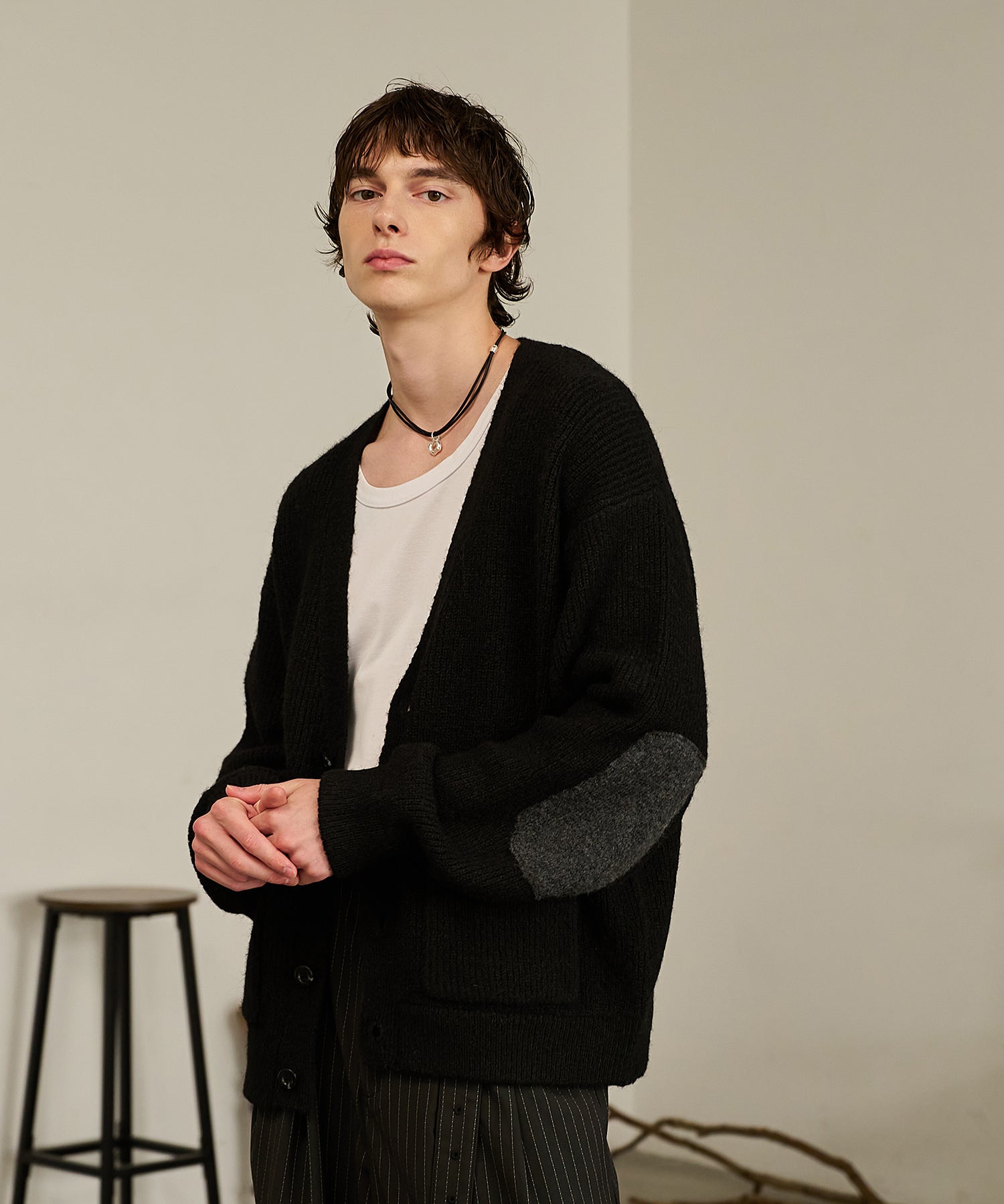 Contrast Elbow Patch Cardigan (Black)