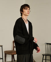 Contrast Elbow Patch Cardigan (Black)