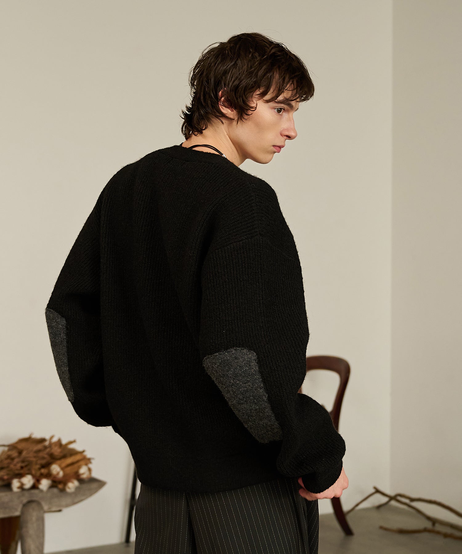 Contrast Elbow Patch Cardigan (Black)