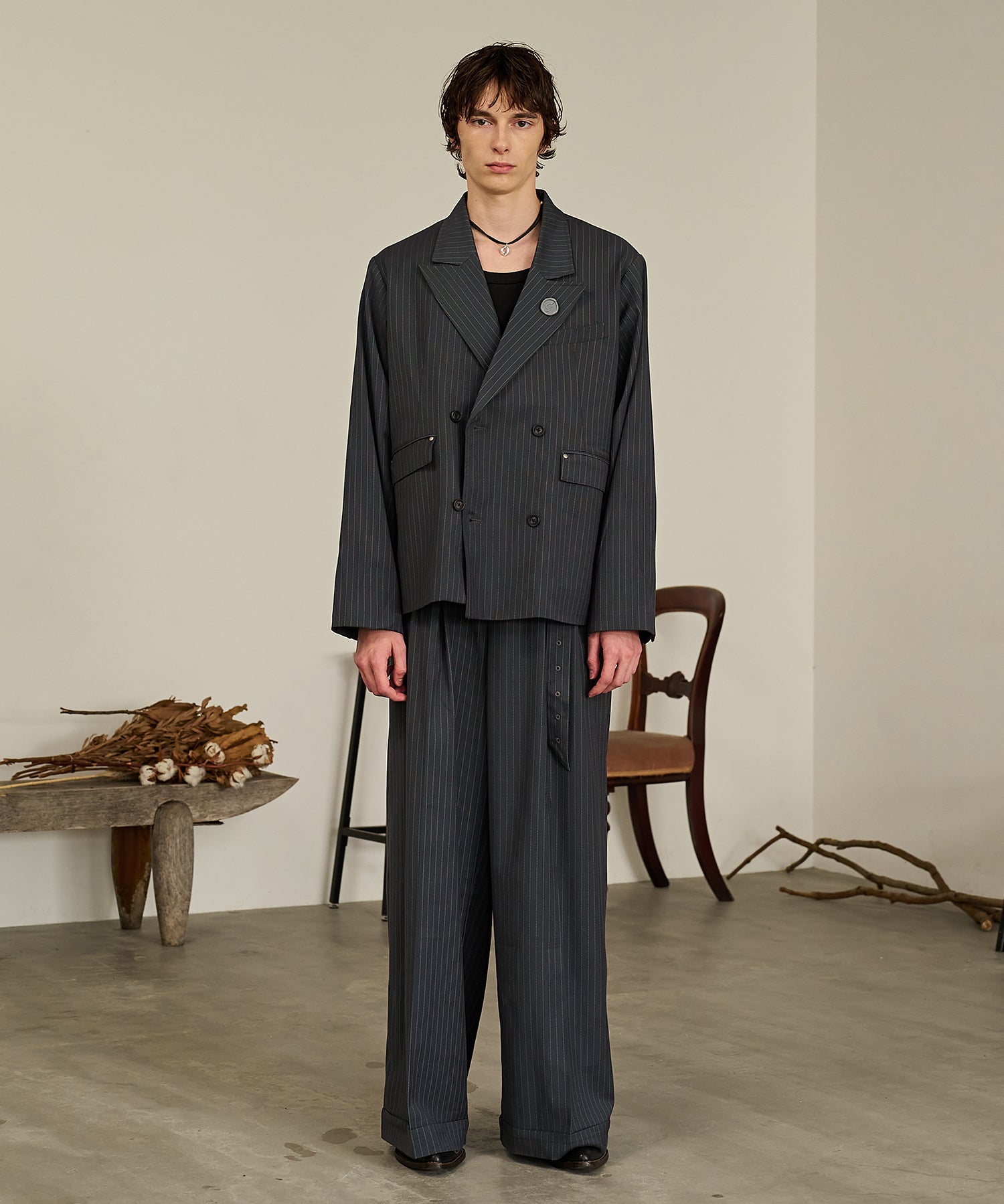 Striped Double-Breasted Jacket （Gray）