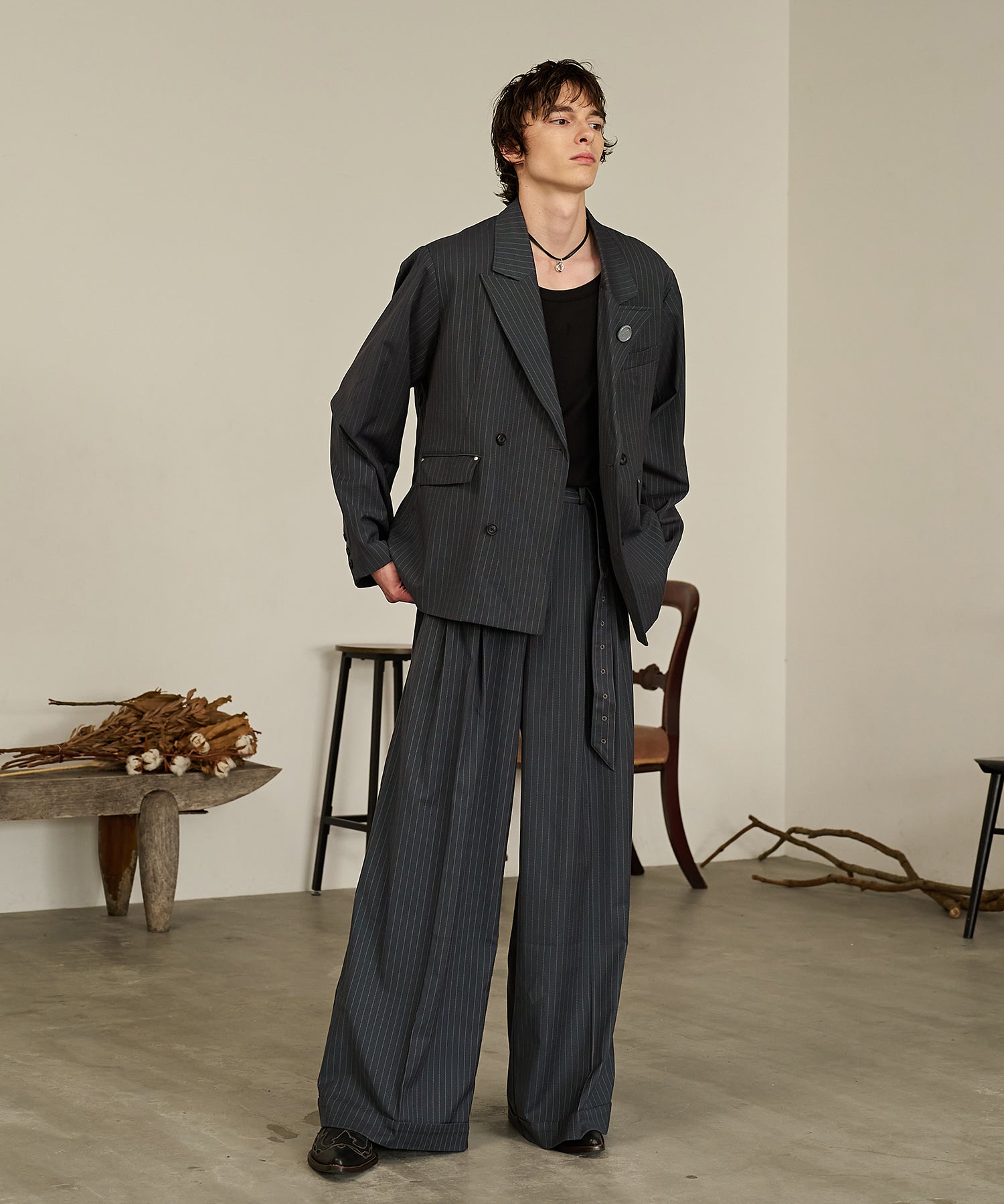 Striped Belted Baggy Slacks （Gray）