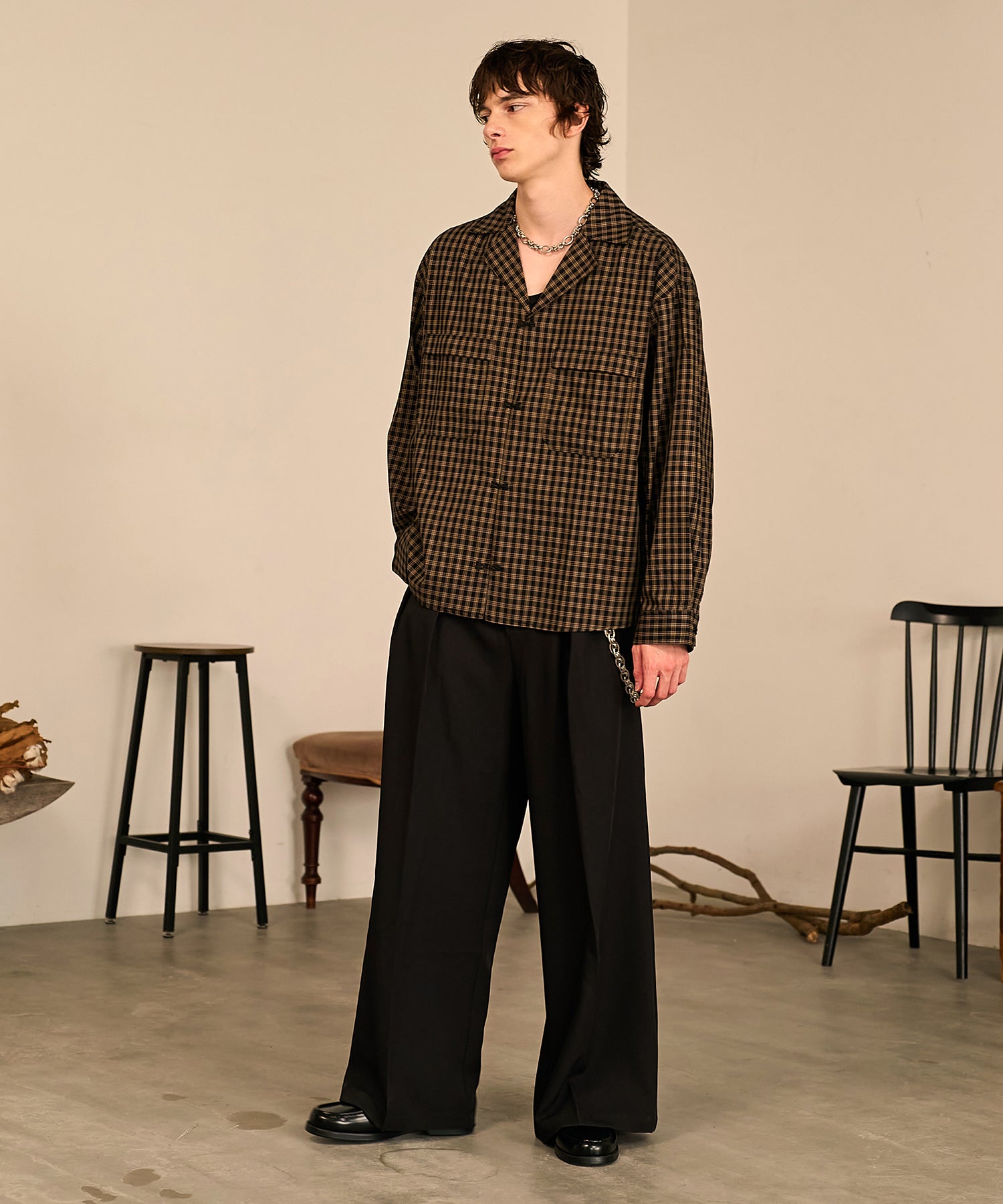 Grid Check Open Collar Shirt（Black）