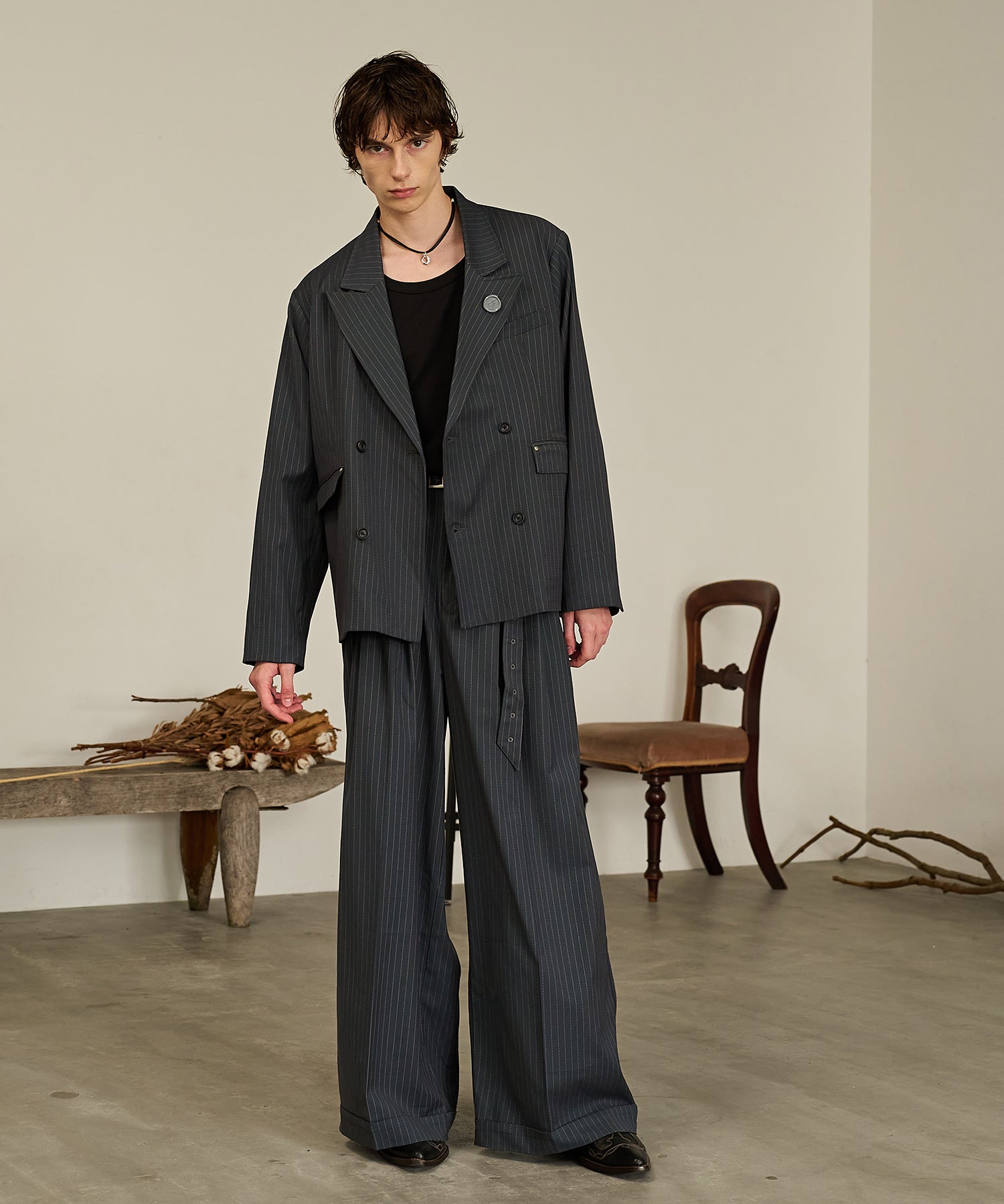 Striped Belted Baggy Slacks （Gray）