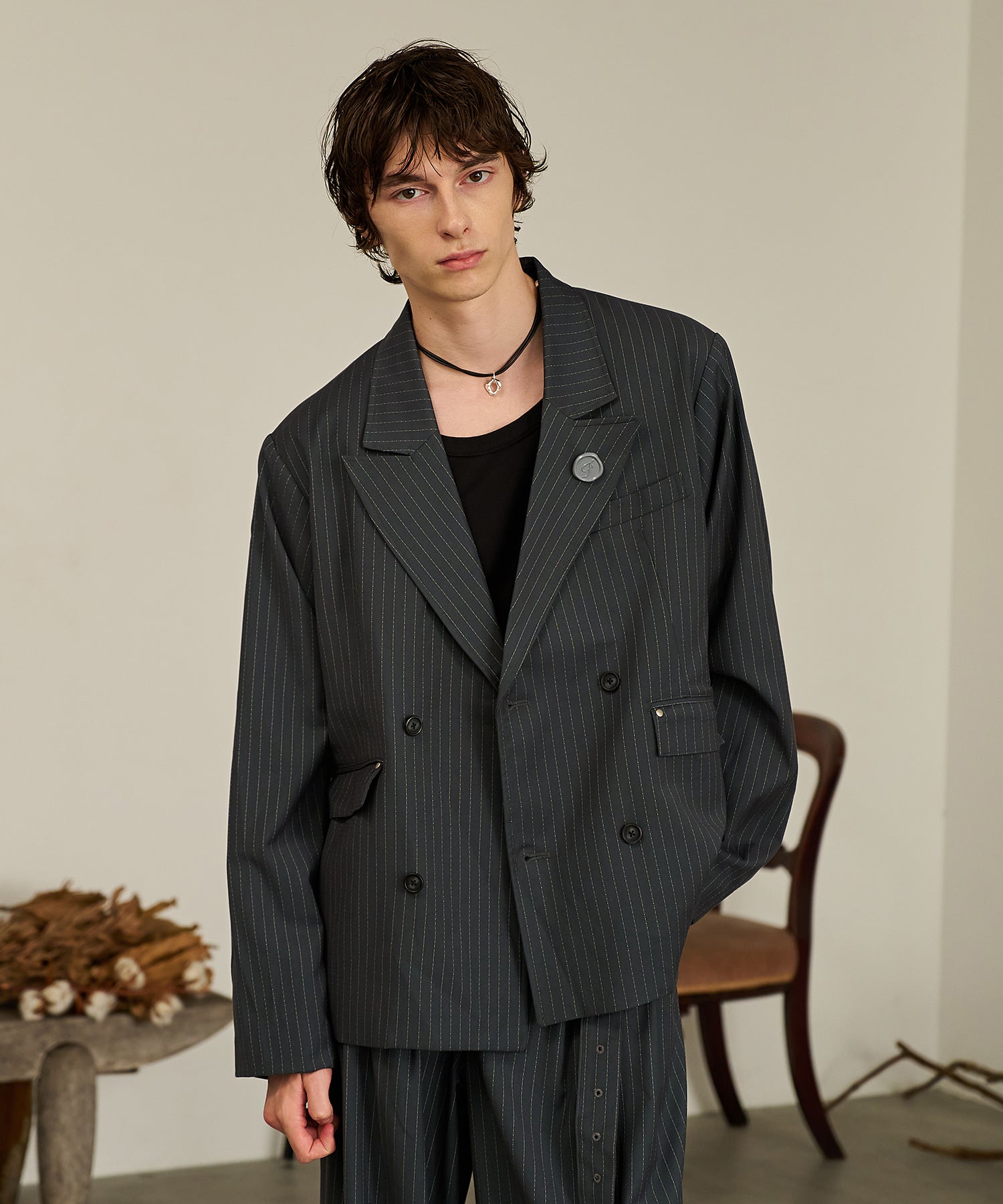 Striped Double-Breasted Jacket （Gray）
