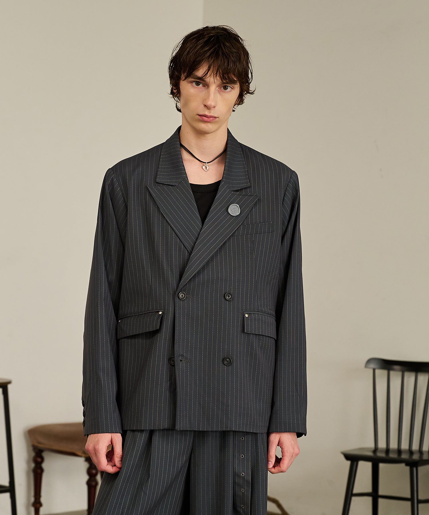 Striped Double-Breasted Jacket （Gray）