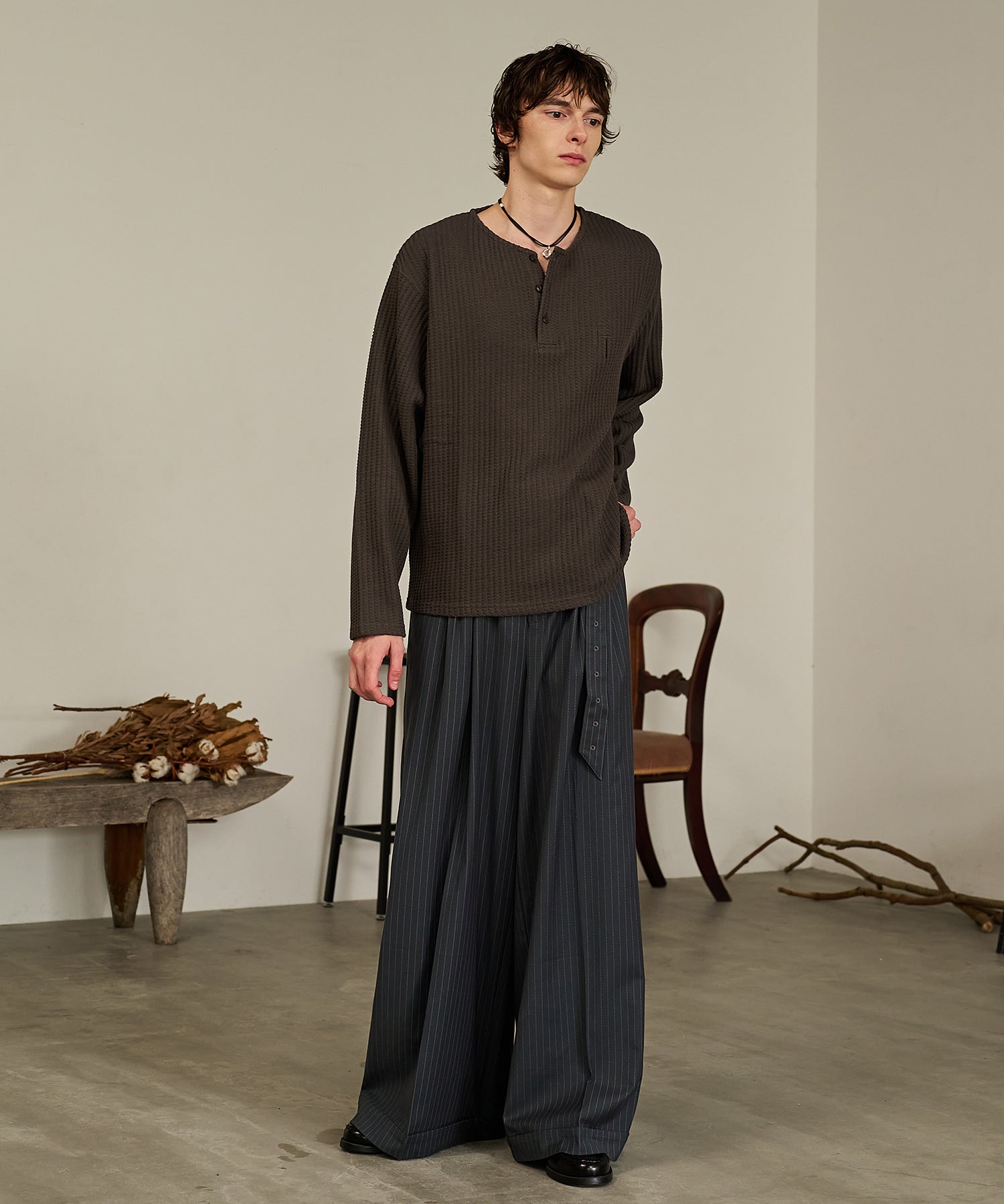 Striped Belted Baggy Slacks （Gray）