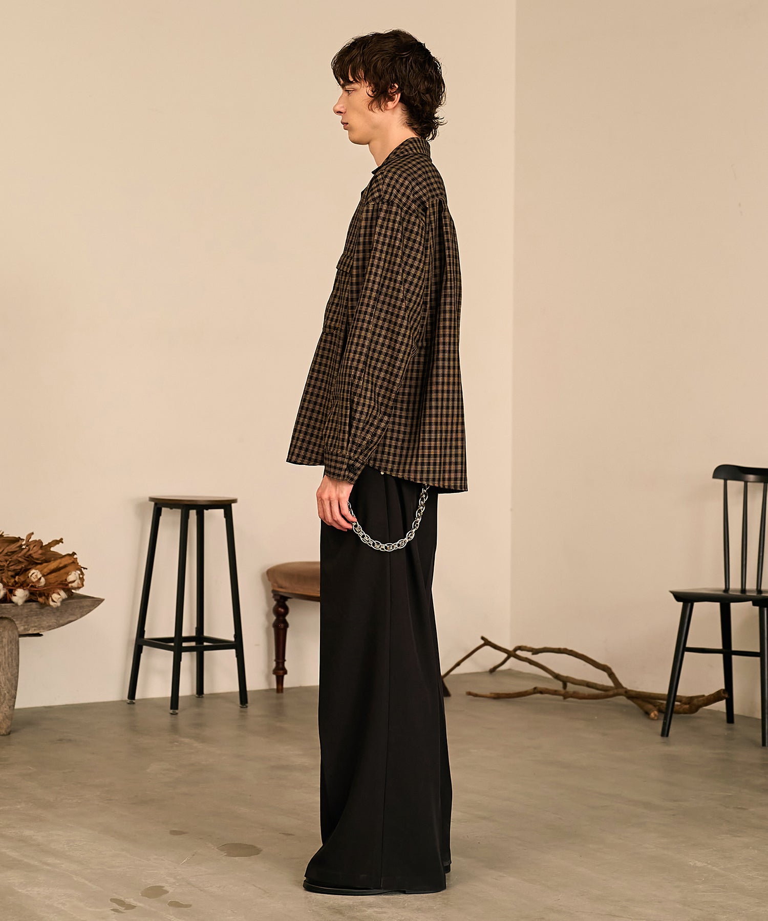 Grid Check Open Collar Shirt（Black）