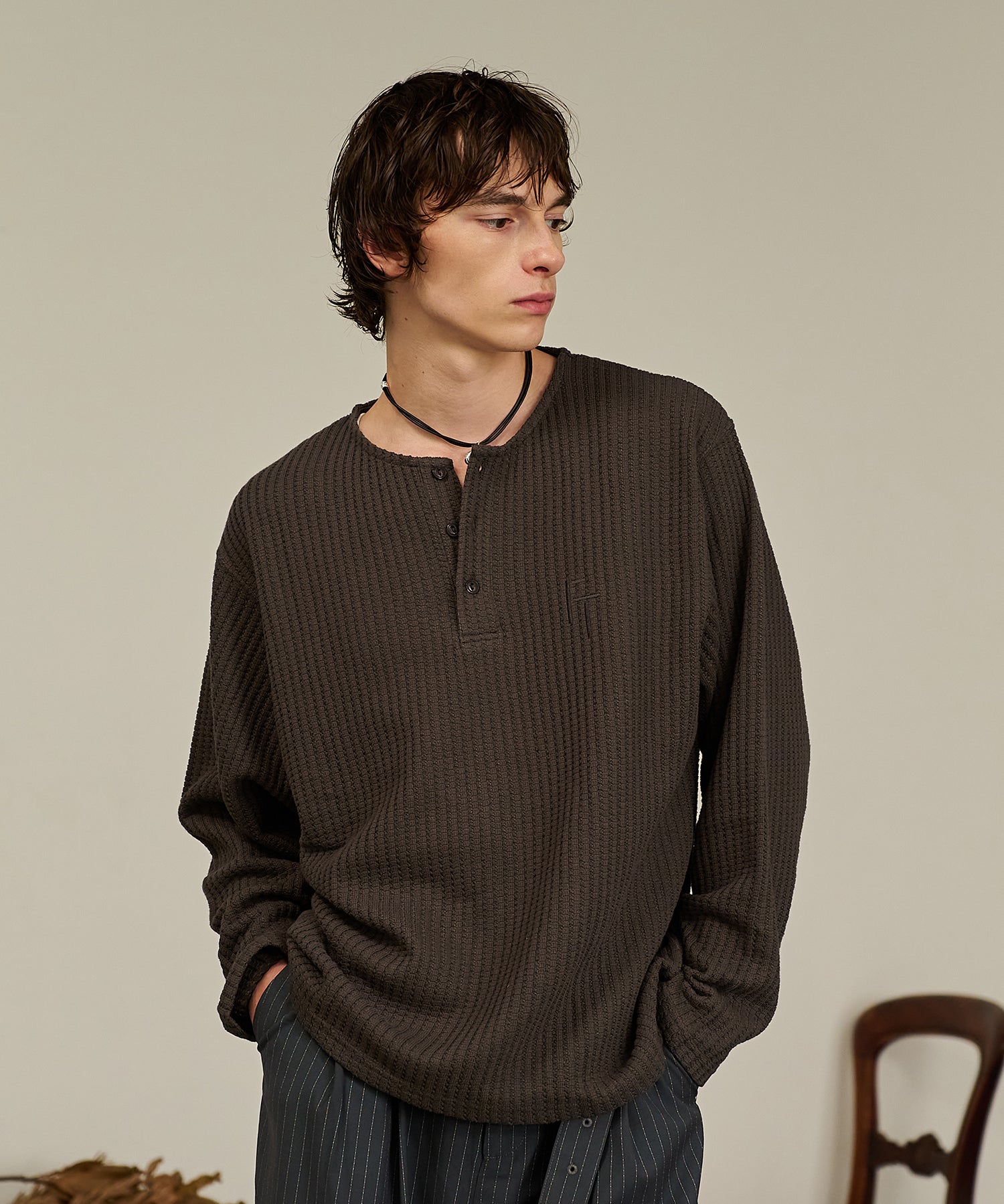 Thermal Texture Henley Top（Gray）