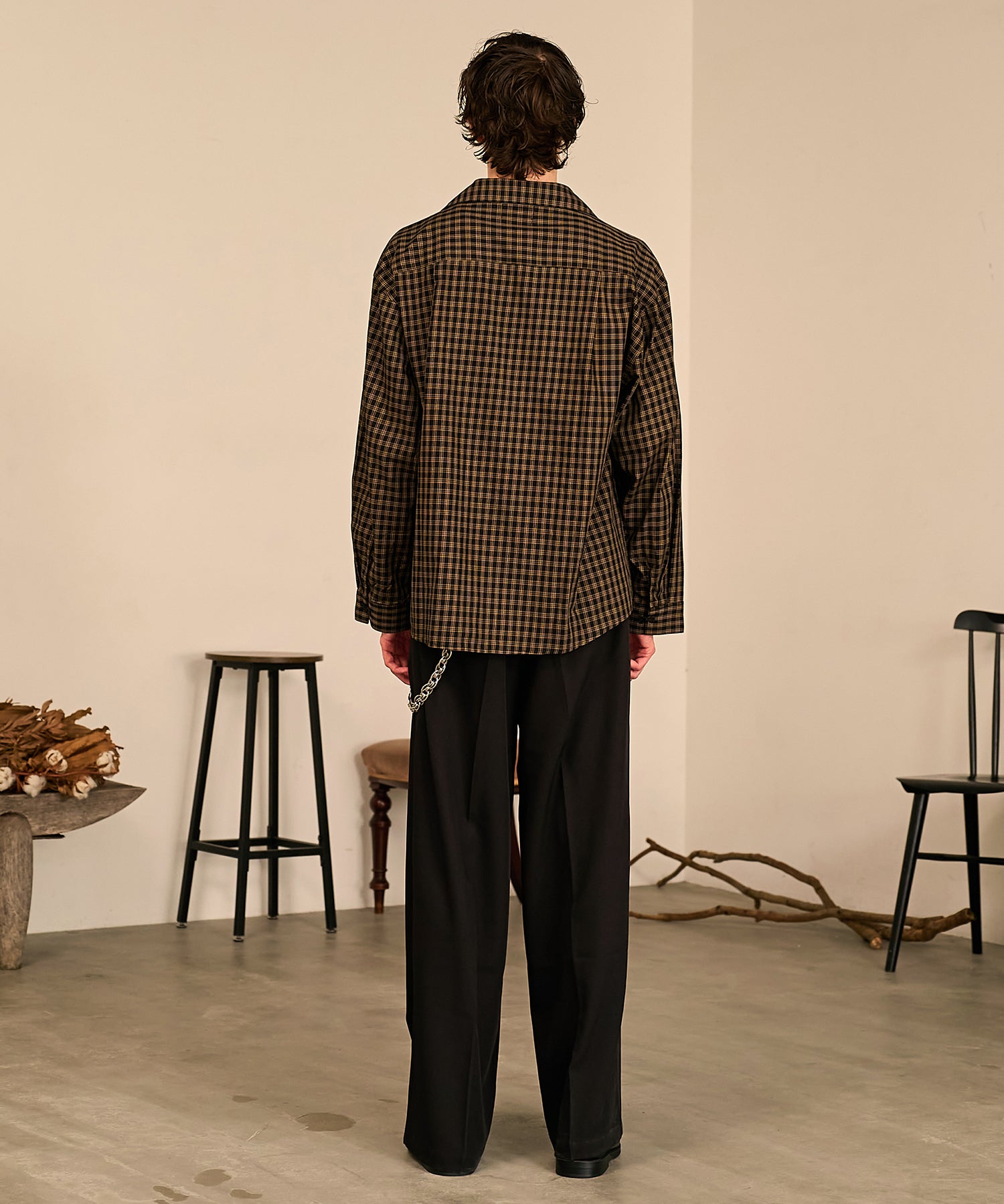 Grid Check Open Collar Shirt（Black）