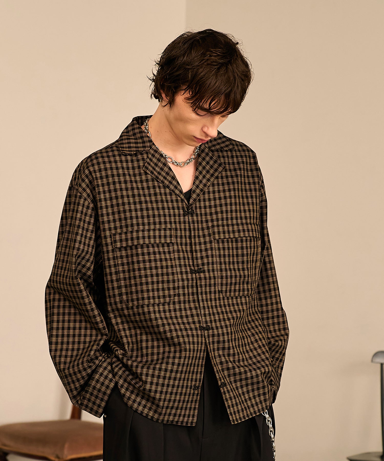 Grid Check Open Collar Shirt（Black）