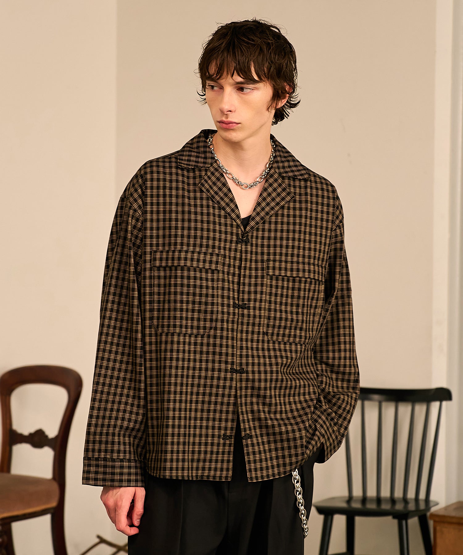 Grid Check Open Collar Shirt（Black）