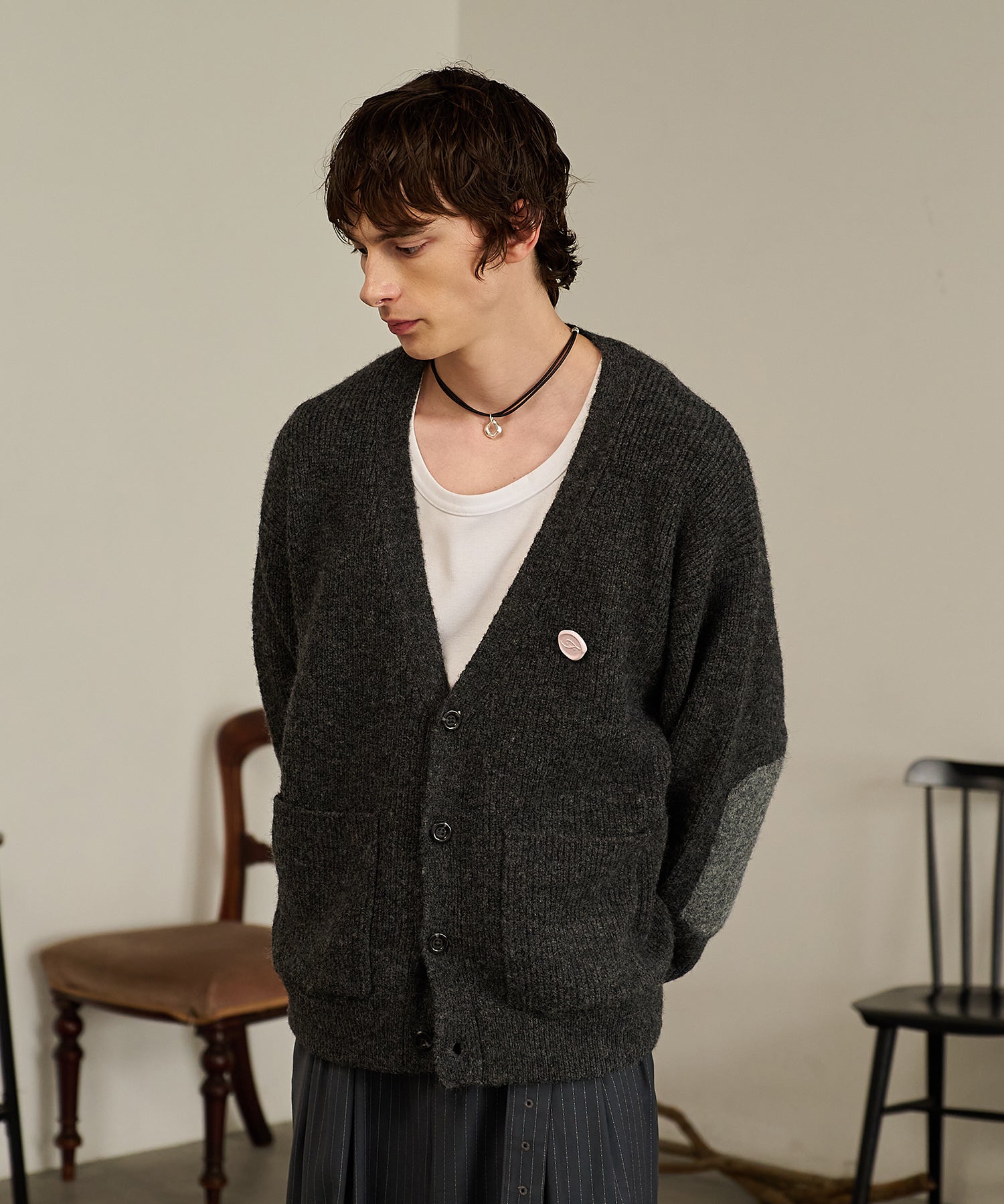 Contrast Elbow Patch Cardigan (Gray)