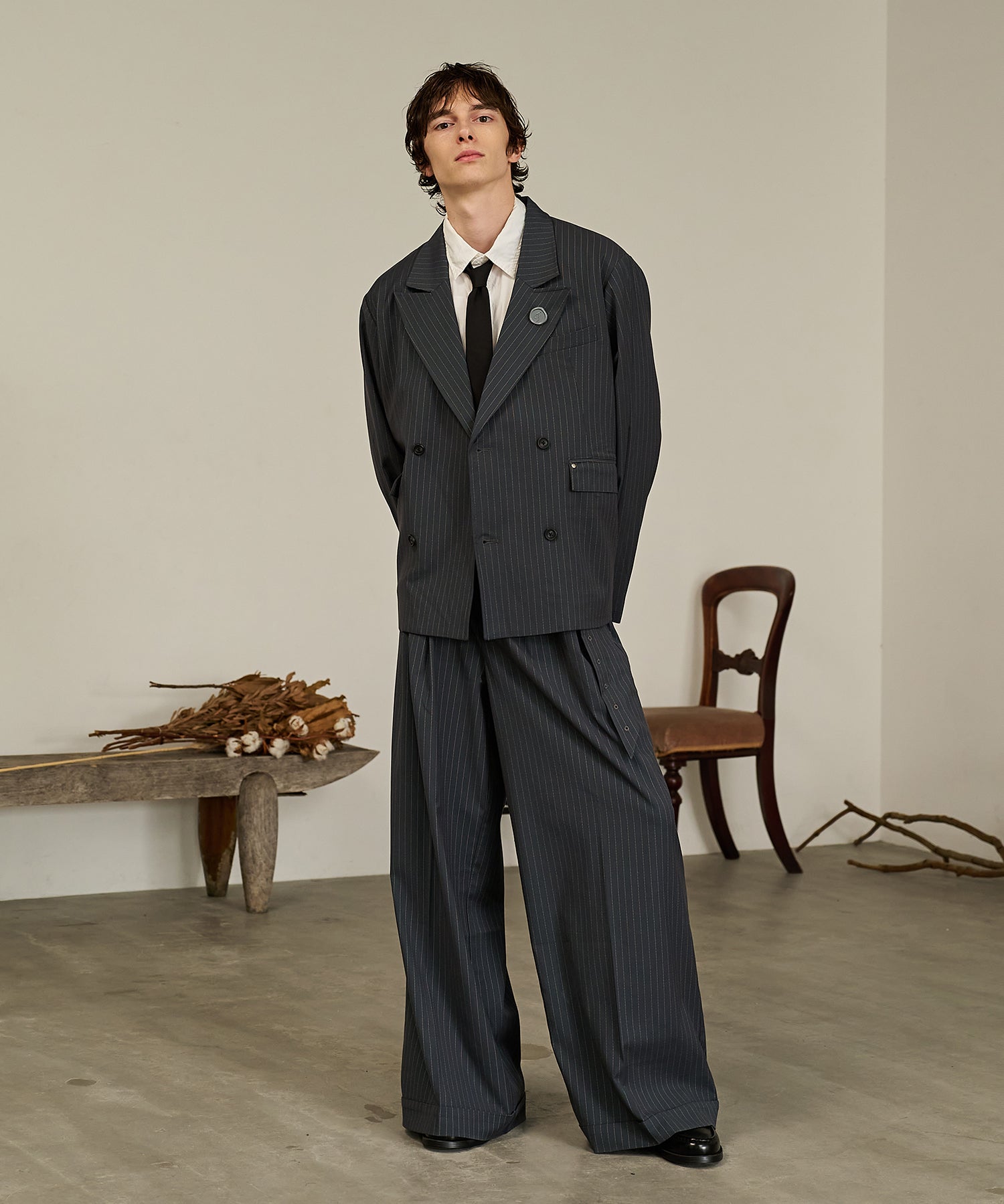 Striped Belted Baggy Slacks （Gray）