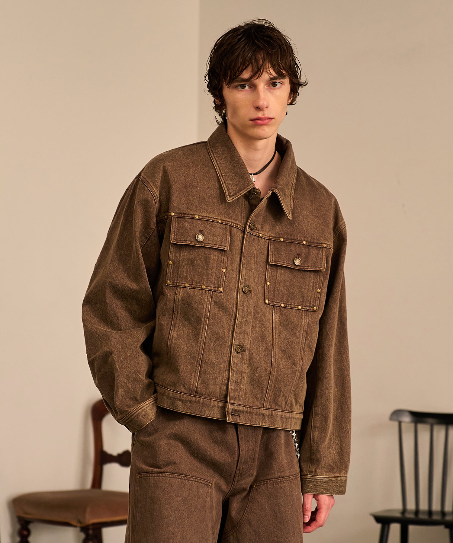 Studded Washed Denim Jacket （Brown)