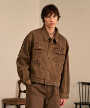 Studded Washed Denim Jacket （Brown)
