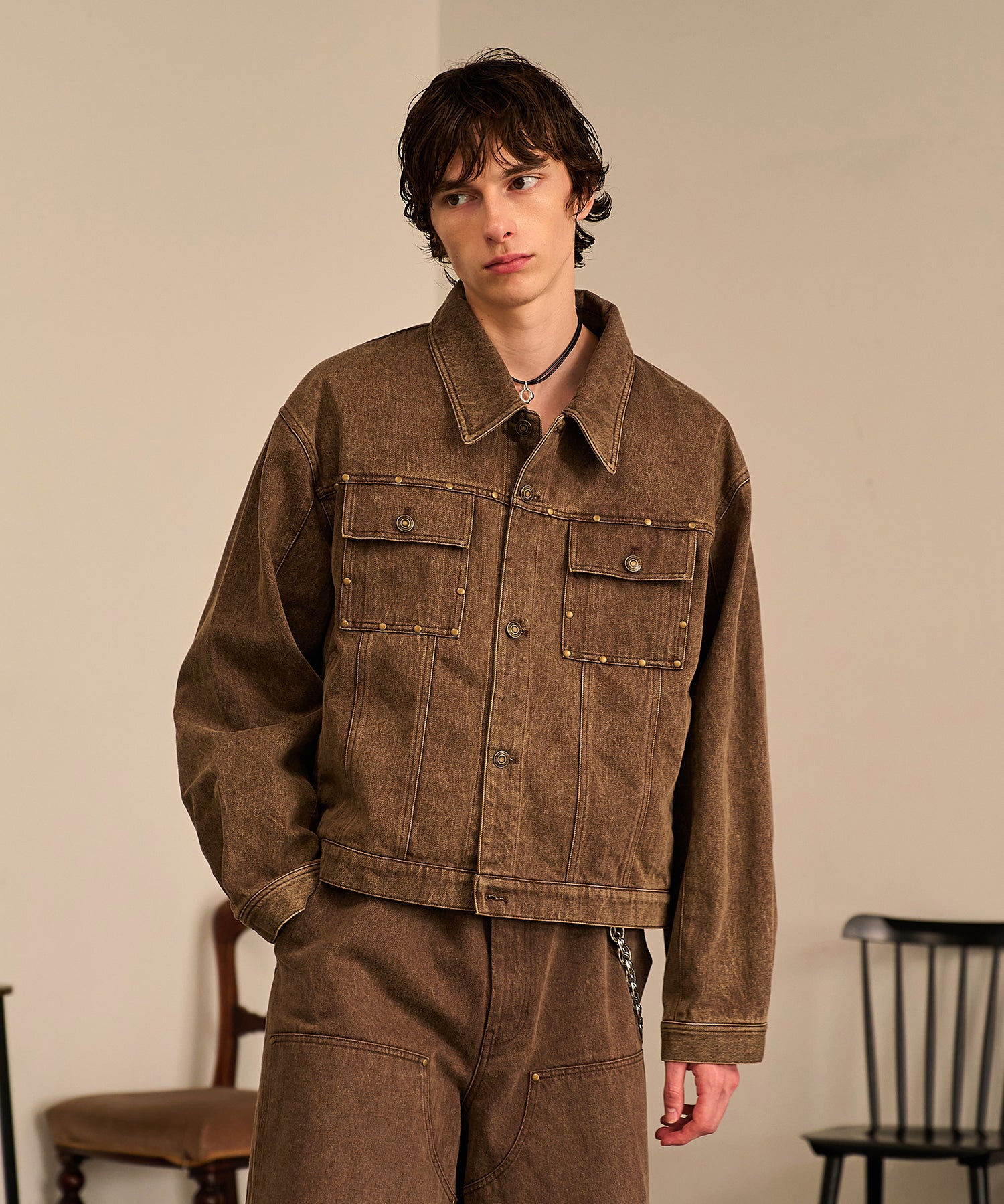 Studded Washed Denim Jacket （Brown)