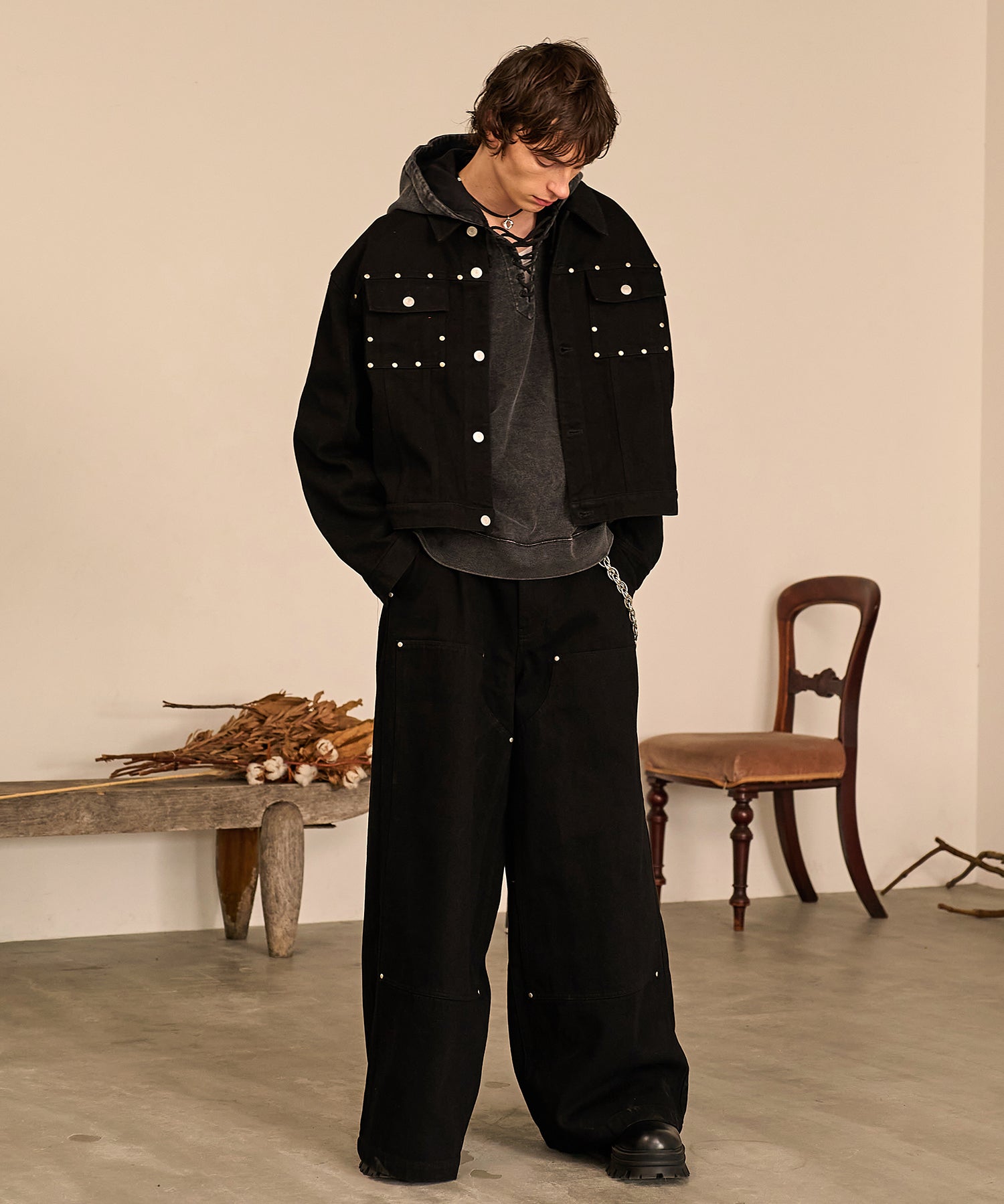 Studded Double Knee Baggy Pants（Black）