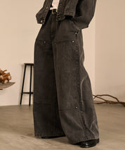 Studded Double Knee Baggy Pants（Gray)