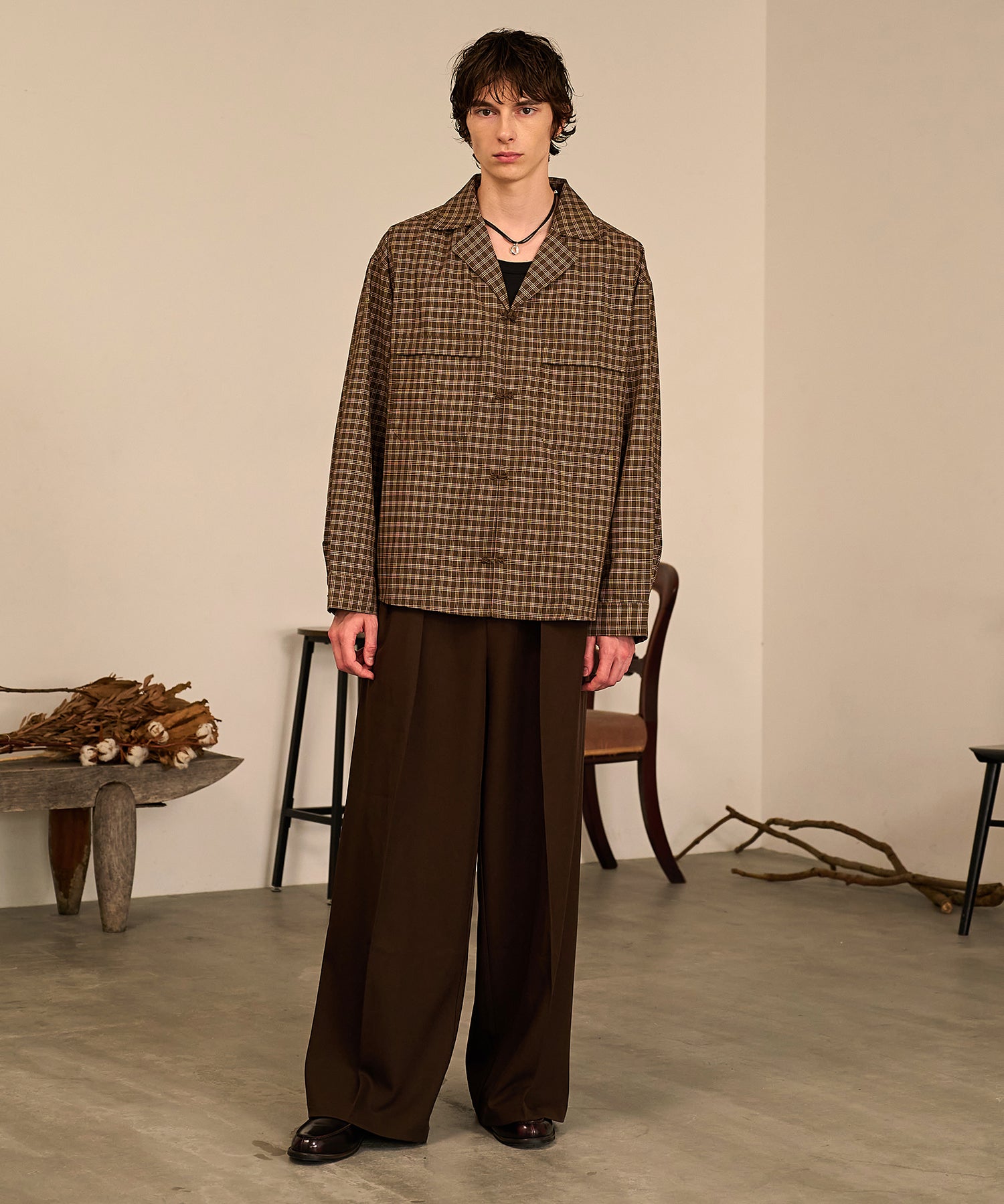 Grid Check Open Collar Shirt（Brown）
