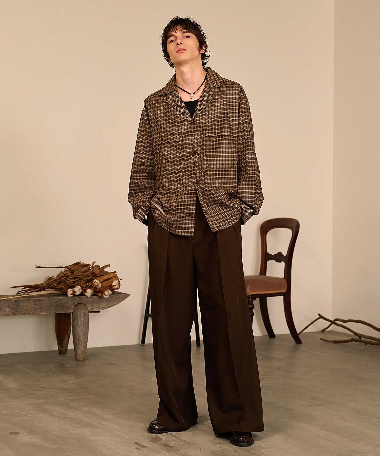 Grid Check Open Collar Shirt（Brown）