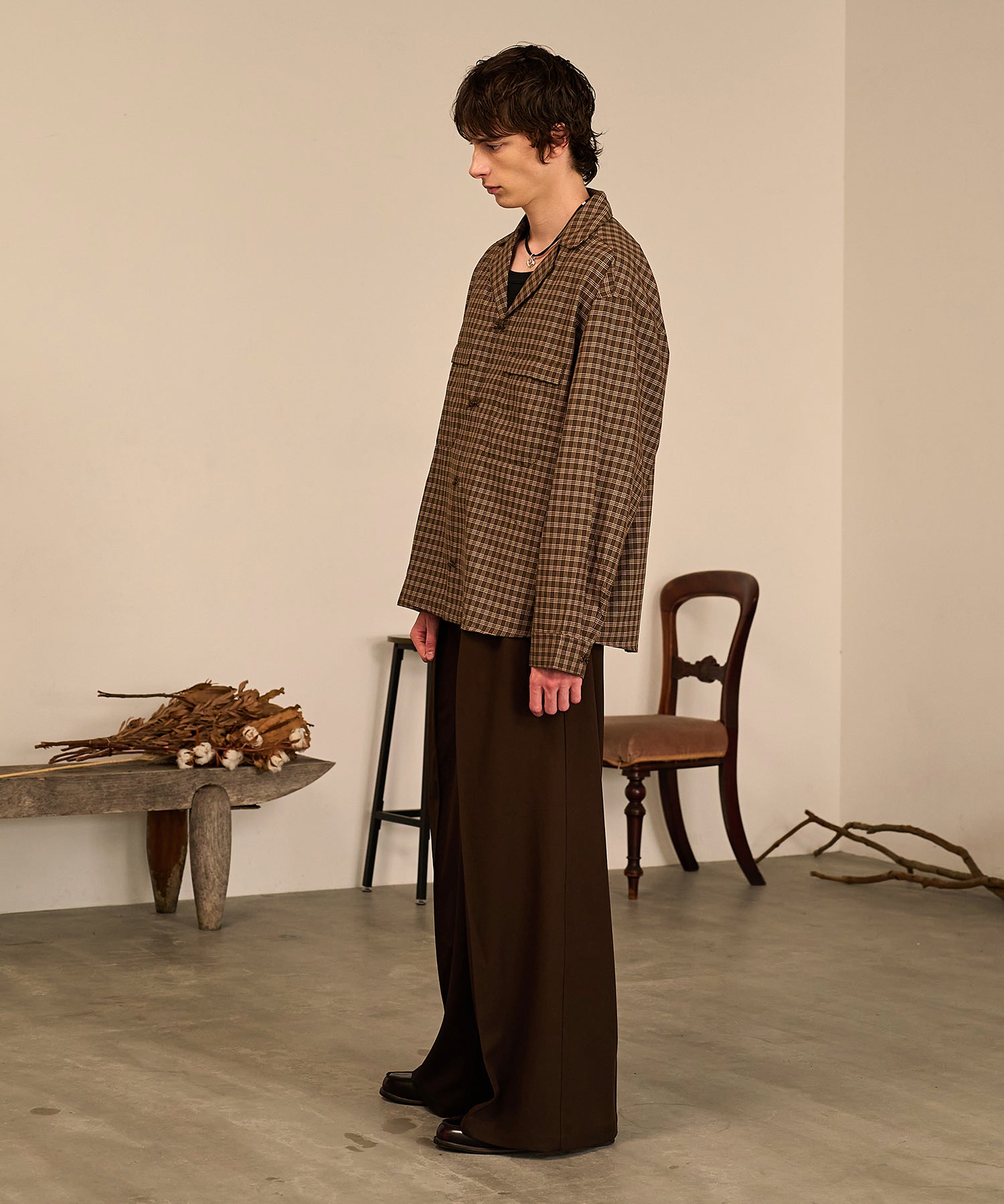 Grid Check Open Collar Shirt（Brown）
