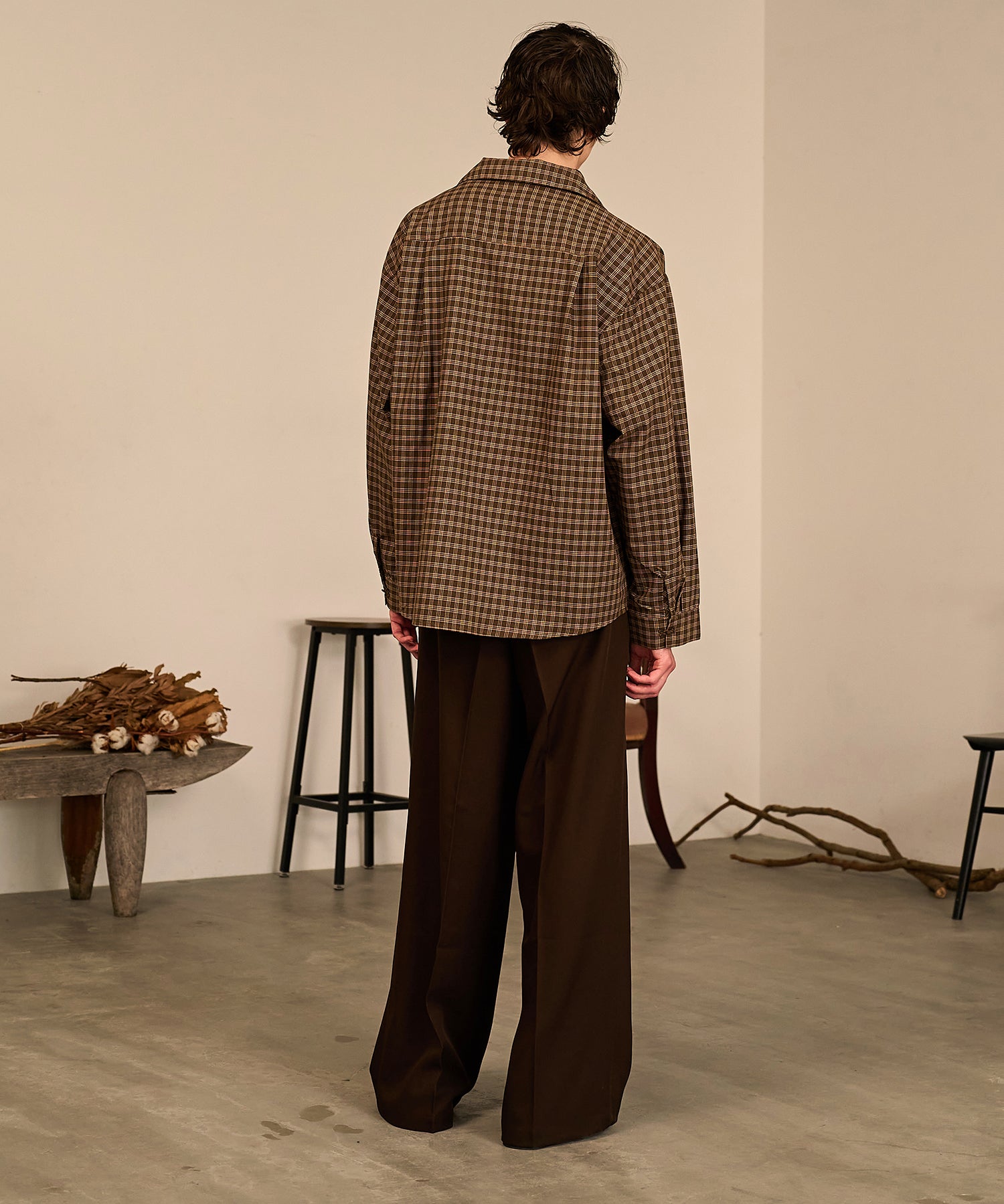 Grid Check Open Collar Shirt（Brown）