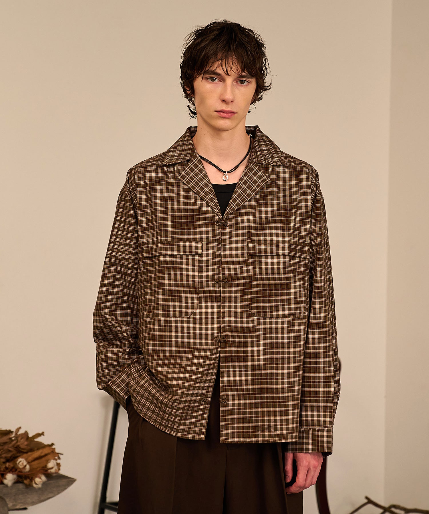 Grid Check Open Collar Shirt（Brown）