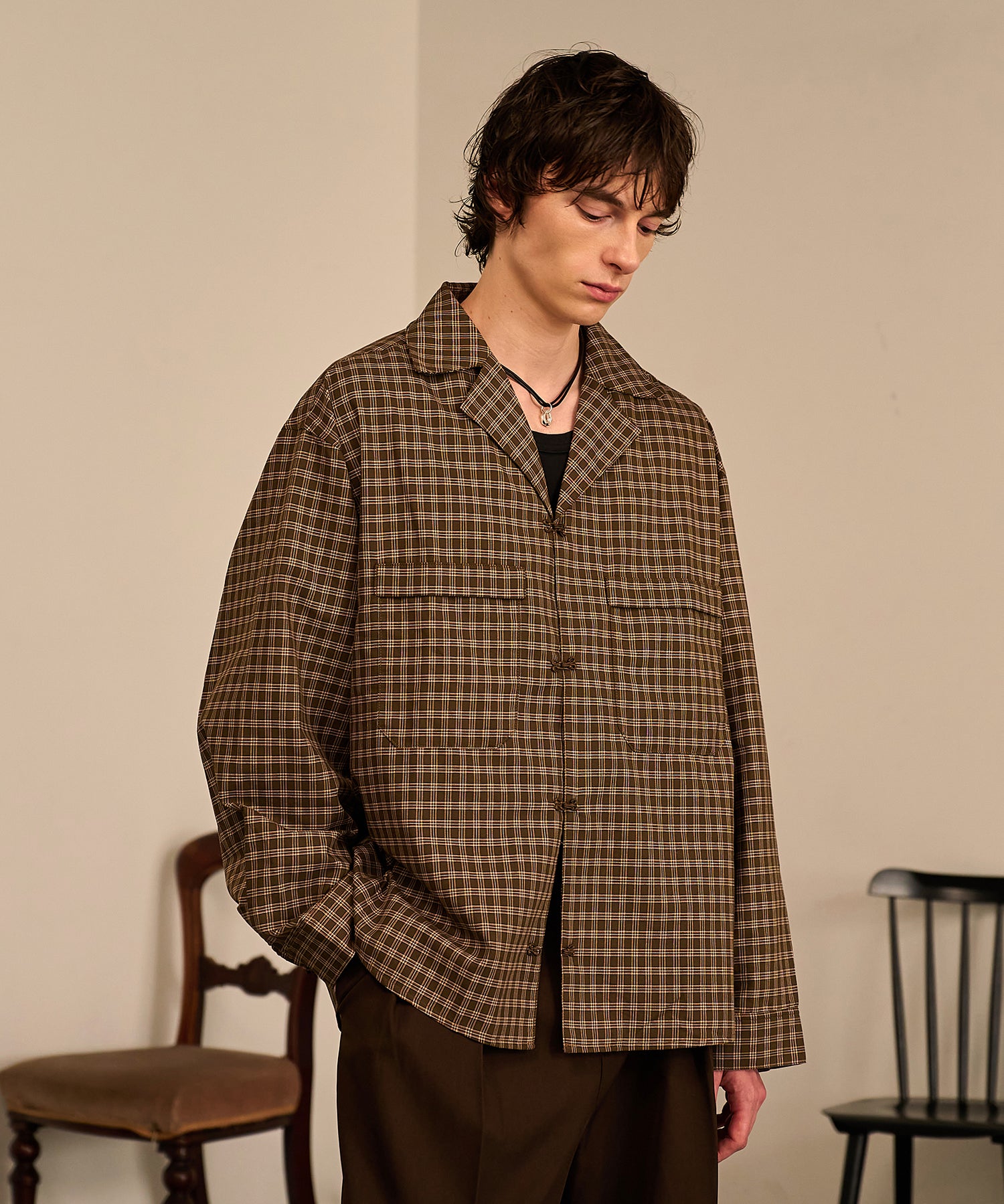 Grid Check Open Collar Shirt（Brown）