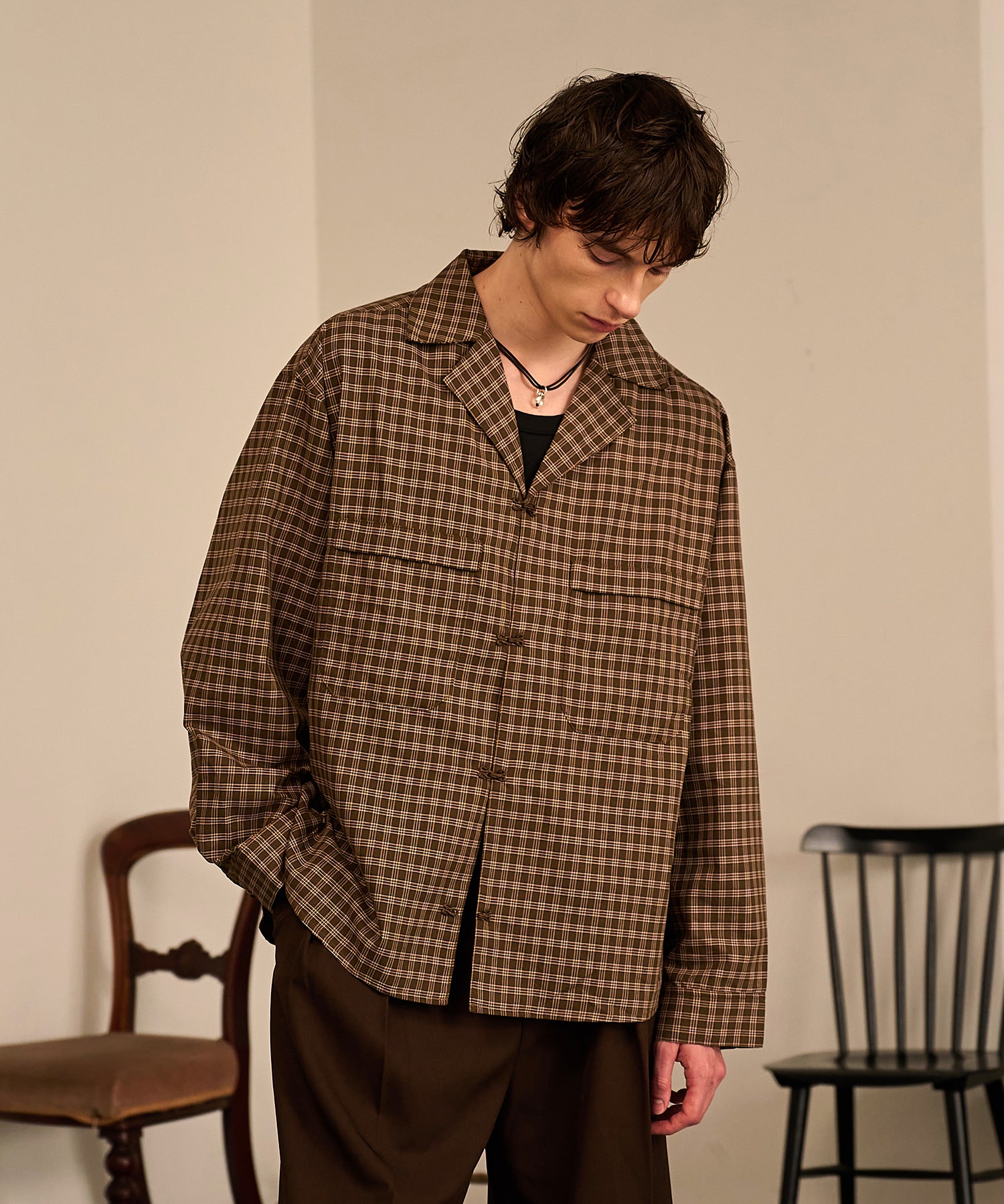Grid Check Open Collar Shirt（Brown）