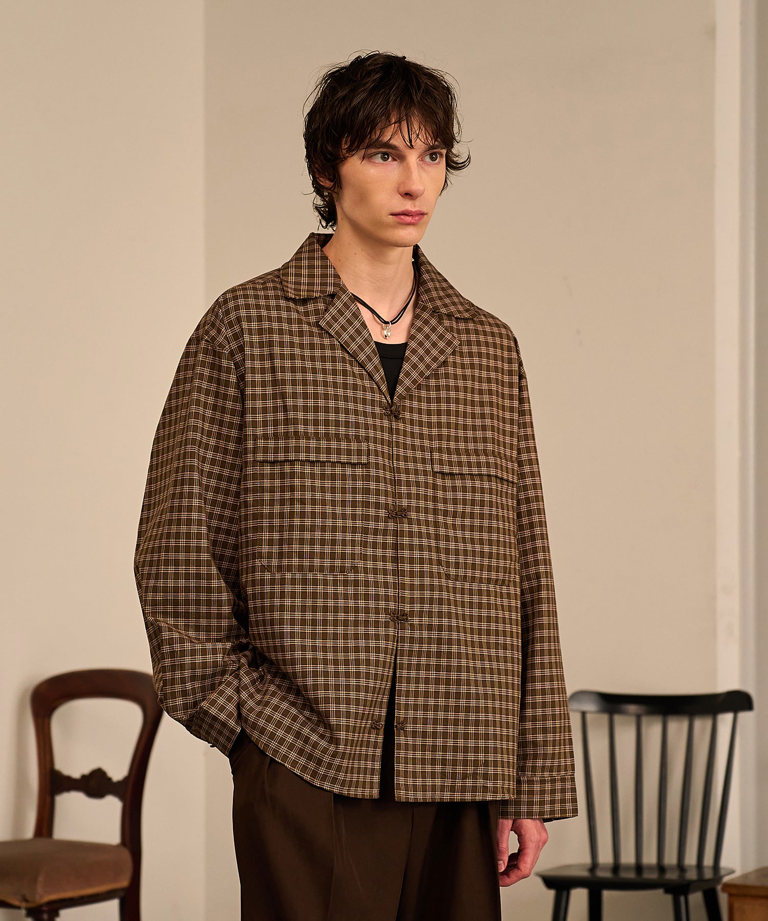 Grid Check Open Collar Shirt（Brown）