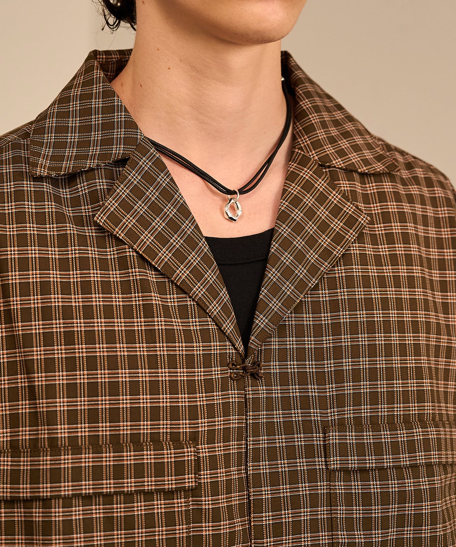 Grid Check Open Collar Shirt（Brown）