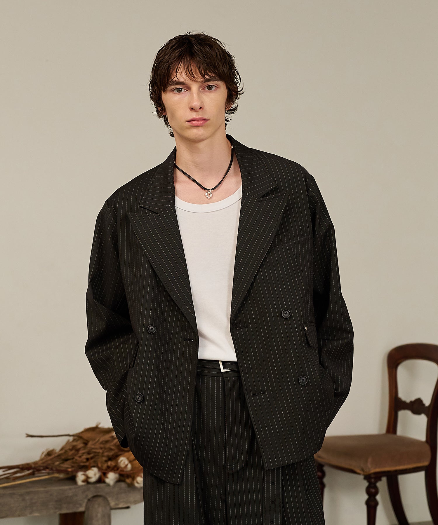 Striped Double-Breasted Jacket （Black）