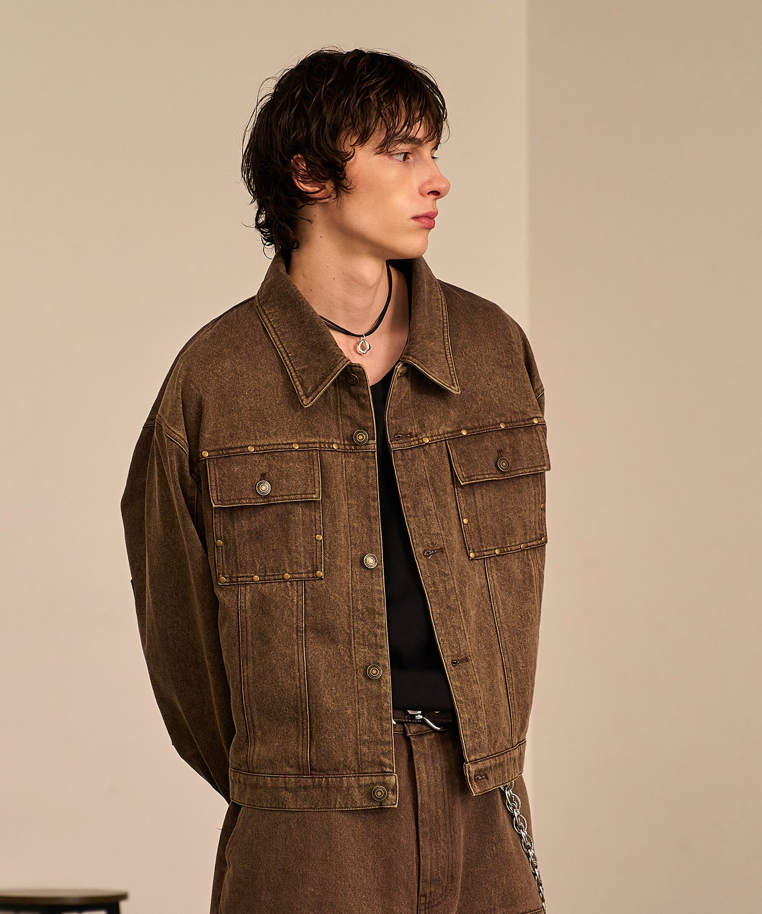 Studded Washed Denim Jacket （Brown)