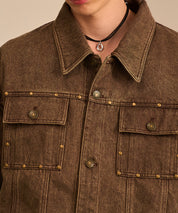 Studded Washed Denim Jacket （Brown)