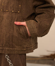 Studded Washed Denim Jacket （Brown)