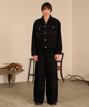Studded Washed Denim Jacket （Black)