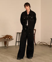Studded Washed Denim Jacket （Black)