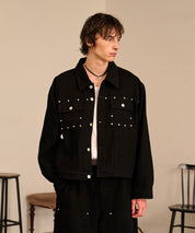 Studded Washed Denim Jacket （Black)