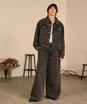 Studded Washed Denim Jacket （Gray)