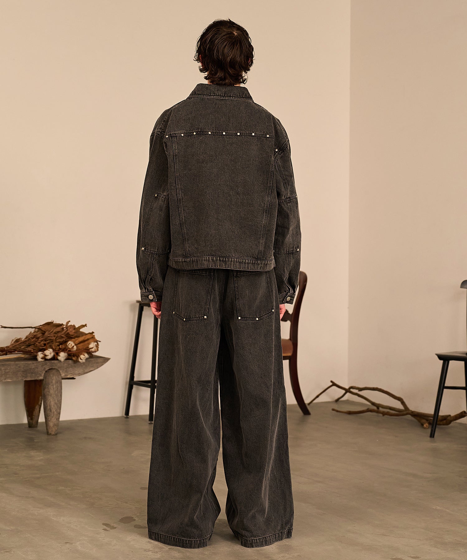 Studded Double Knee Baggy Pants（Gray)