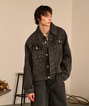 Studded Washed Denim Jacket （Gray)
